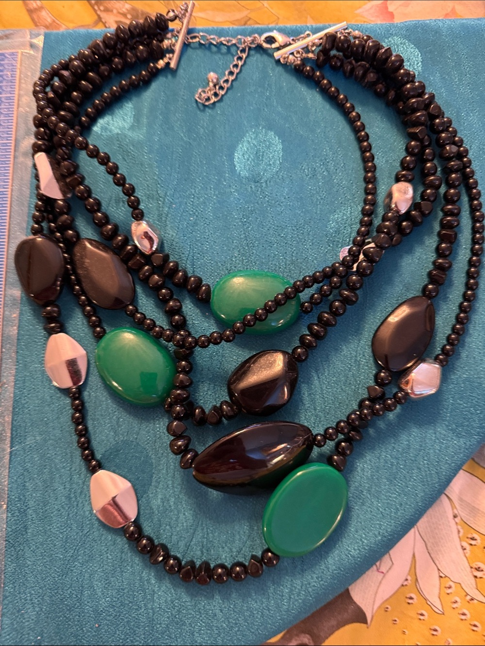 Multi-Strand Black and Green Beaded Statement Necklace